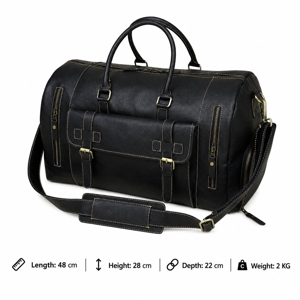 Black Leather Duffel Bag with Buckle Pocket