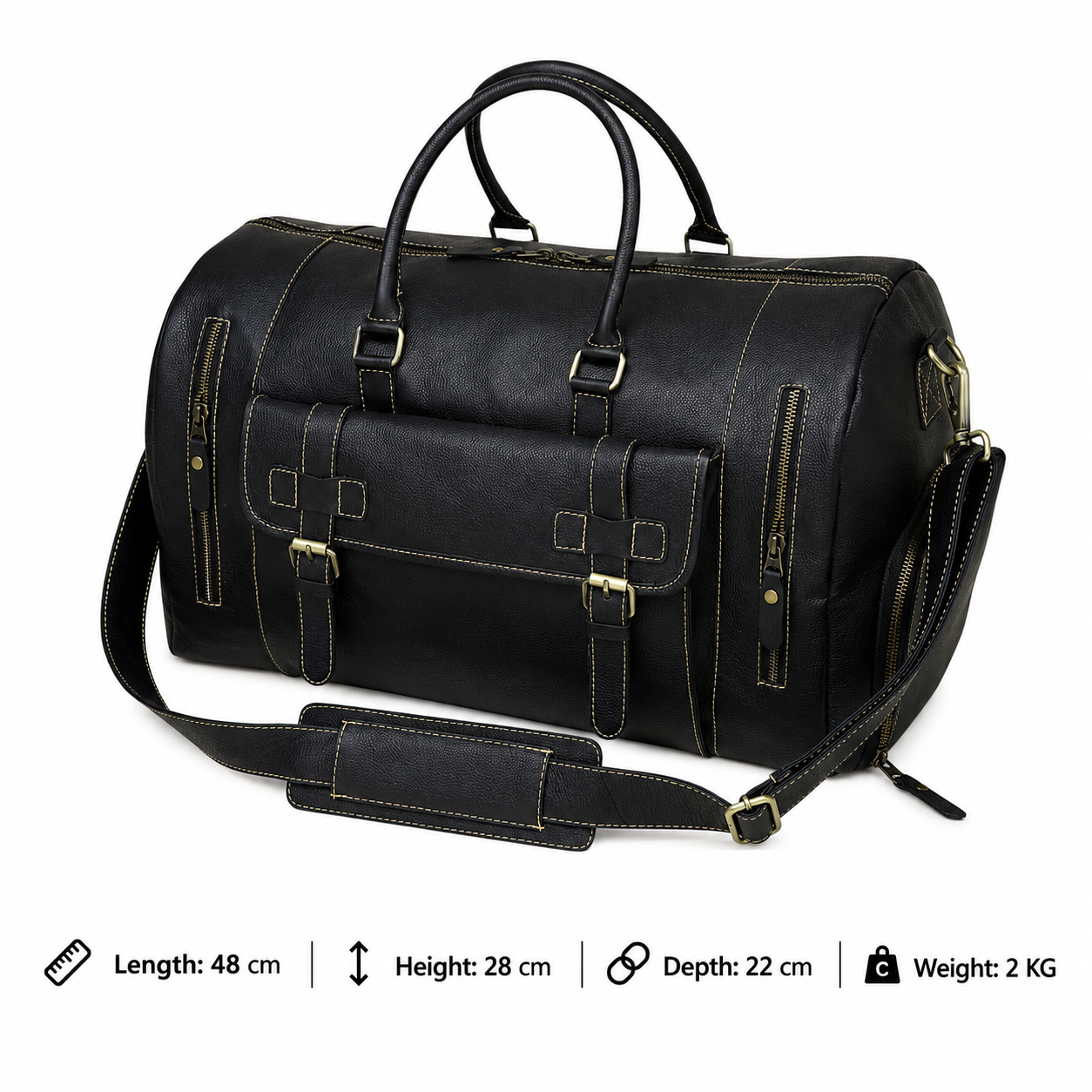 Black Leather Duffel Bag with Buckle Pocket