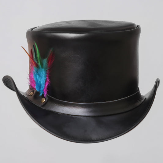 Black Leather Top Hat with Colorful Feather Accent Leathers Crafted