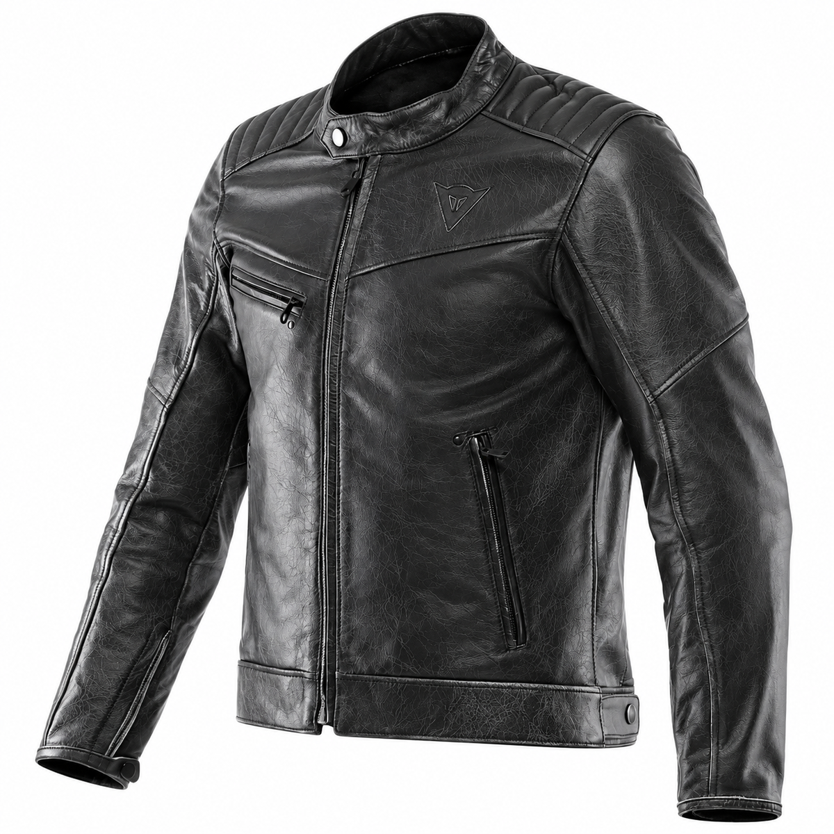 A black leather motorcycle jacket with a stand collar, zippered front, and zippered chest and side pockets, shown on a plain white background.