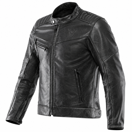 A black leather motorcycle jacket with a stand collar, zippered front, and zippered chest and side pockets, shown on a plain white background.