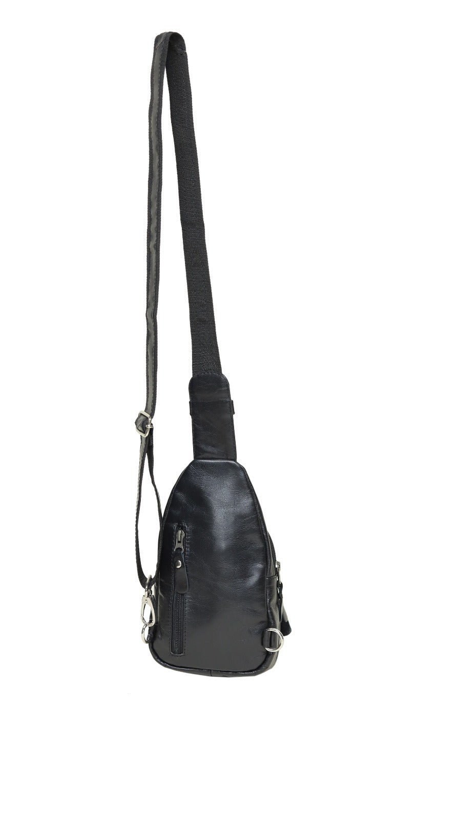 A black leather sling bag with a long adjustable shoulder strap and silver-tone hardware, shown against a plain white background.