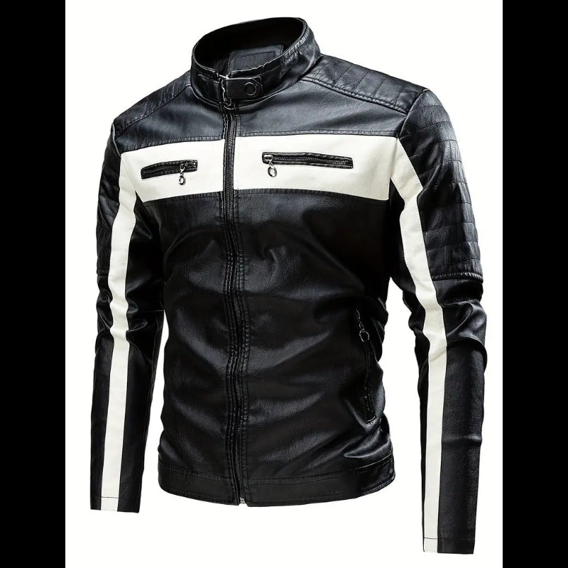 Black/White Cafe Racer Biker Leather Jacket Leathers Crafted