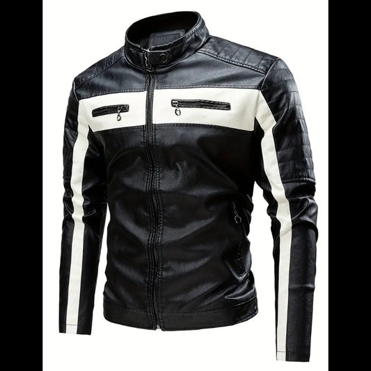 Black/White Cafe Racer Biker Leather Jacket Leathers Crafted