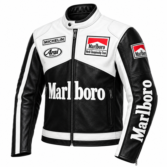 A black and white leather motorcycle racing jacket featuring prominent Marlboro World Championship Team logos, with sponsor patches for Michelin and Arai on the chest, and a large Marlboro logo on the sleeve.