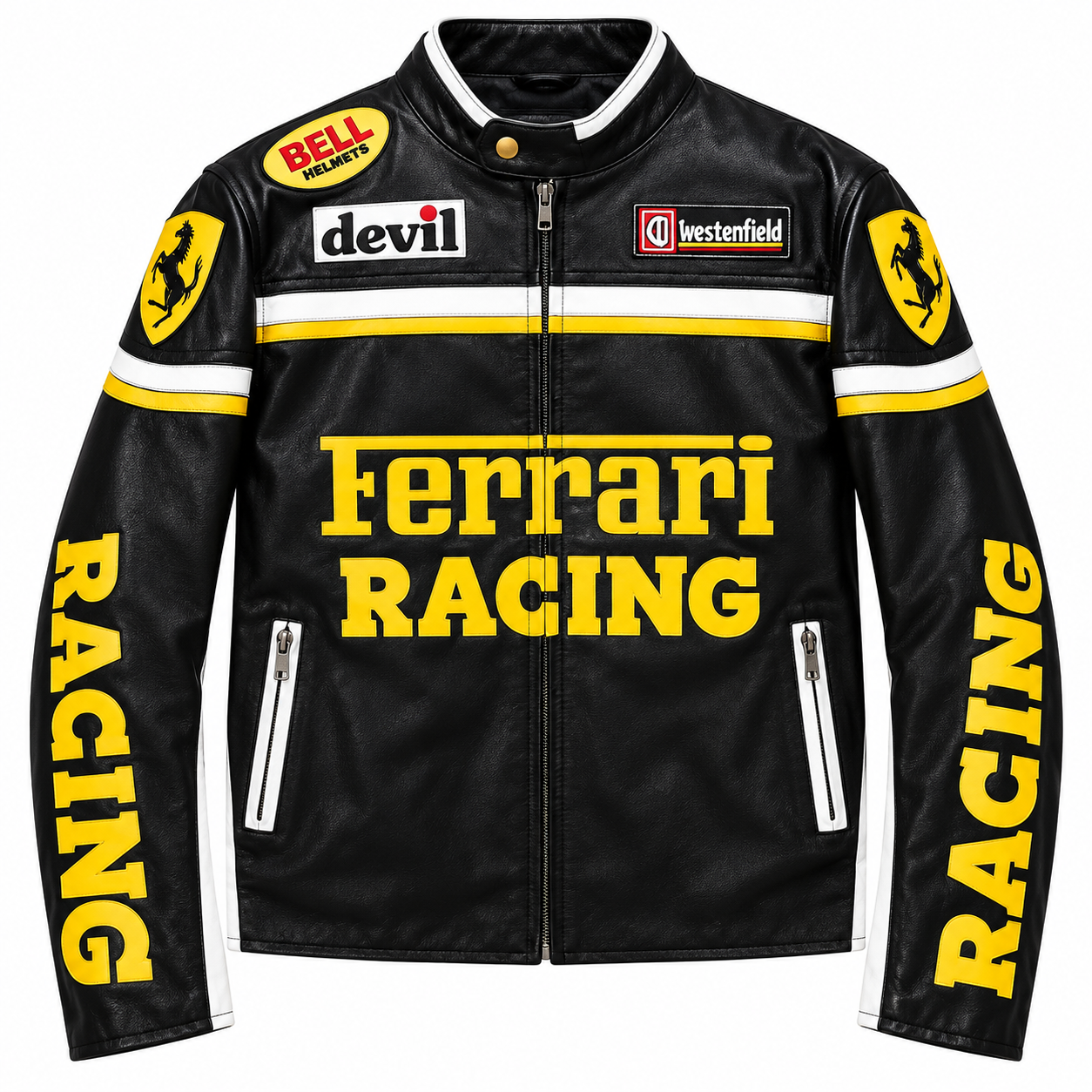 Men’s black yellow leather racing jacket with motorsport graphics and biker style