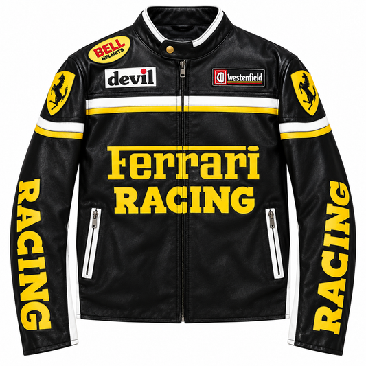 Men’s black yellow leather racing jacket with motorsport graphics and biker style