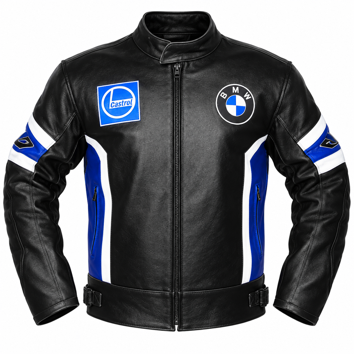 Black leather motorcycle jacket with blue and white side panels, sleeve stripes, a blue Castrol patch on the right chest, and a BMW logo patch on the left chest, shown on a white background.