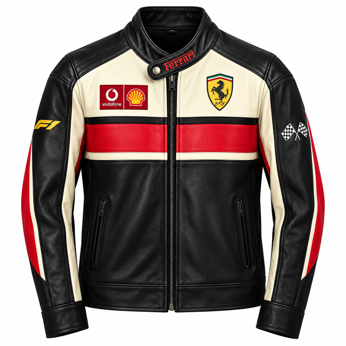 Men’s black cream red leather racing jacket with motorsport-inspired graphics