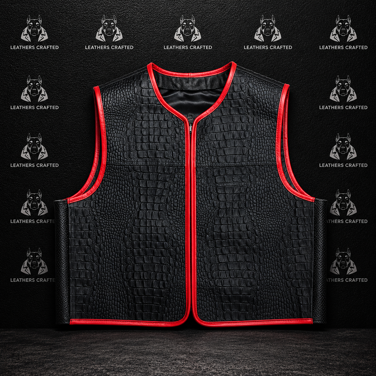 Black crocodile-embossed leather vest with bright red piping trim, shown flat against a dark textured background with repeated 'Leathers Crafted' logos.