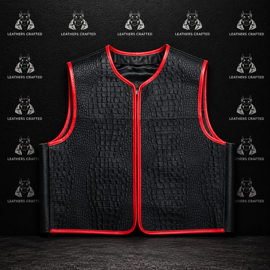 Black crocodile-embossed leather vest with bright red piping trim, shown flat against a dark textured background with repeated 'Leathers Crafted' logos.