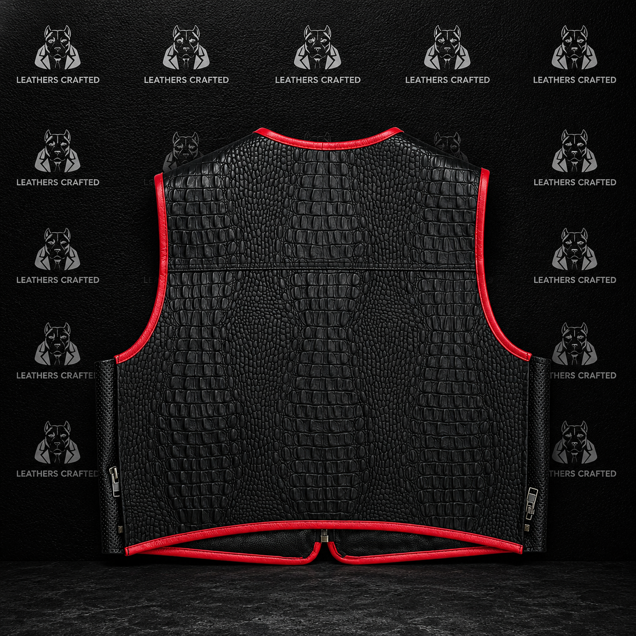 Black crocodile-embossed leather vest with bright red piping trim, displayed flat against a black background patterned with the 'Leathers Crafted' logo.