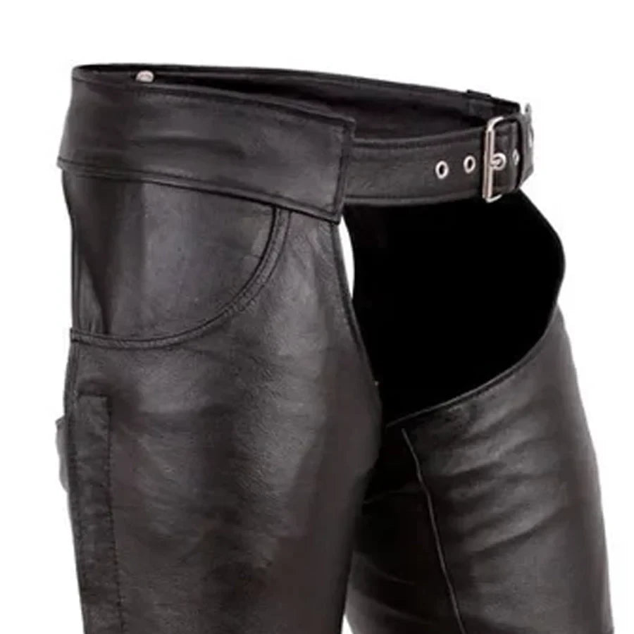 Black leather biker pants with a matching belt and silver buckle, shown on a white background.