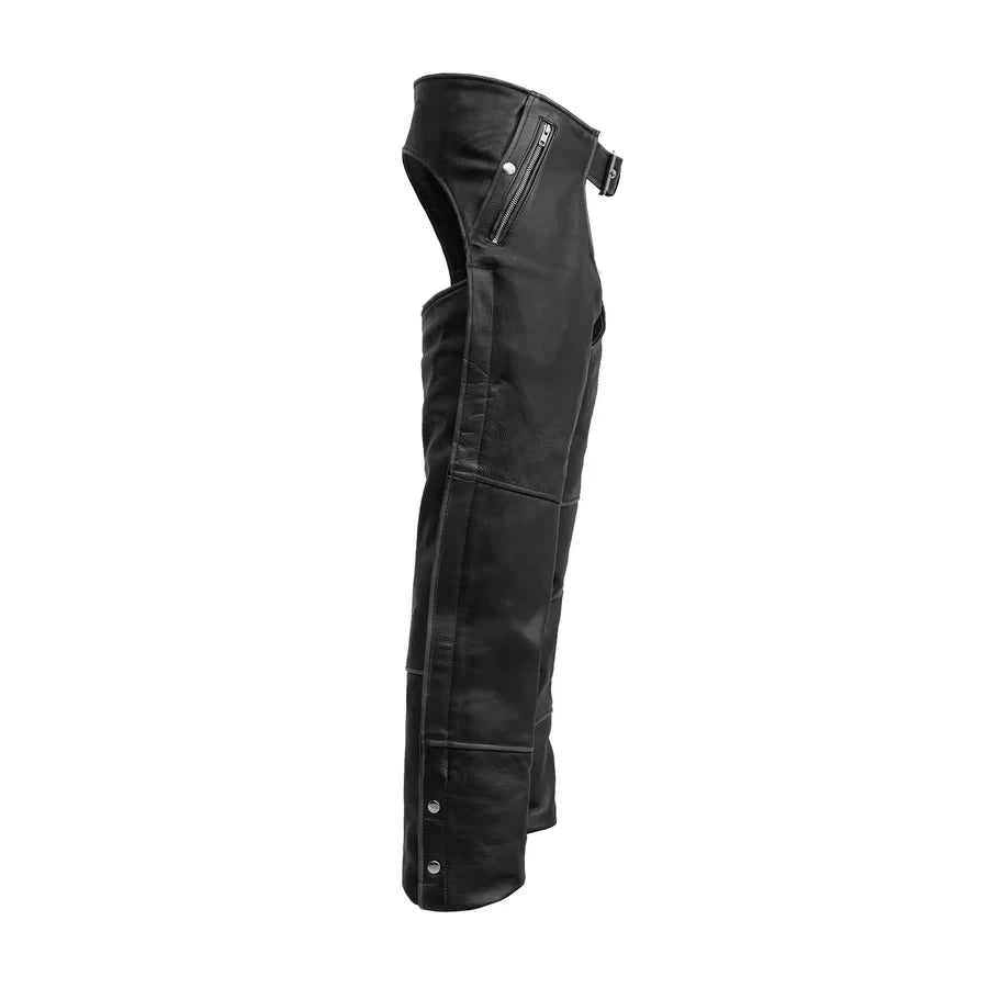 Black leather chaps pants shown from a side profile view against a solid white background.