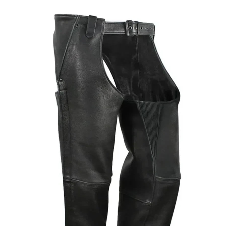 Black leather chaps pants with a matching leather belt and buckle, shown on a plain white background.
