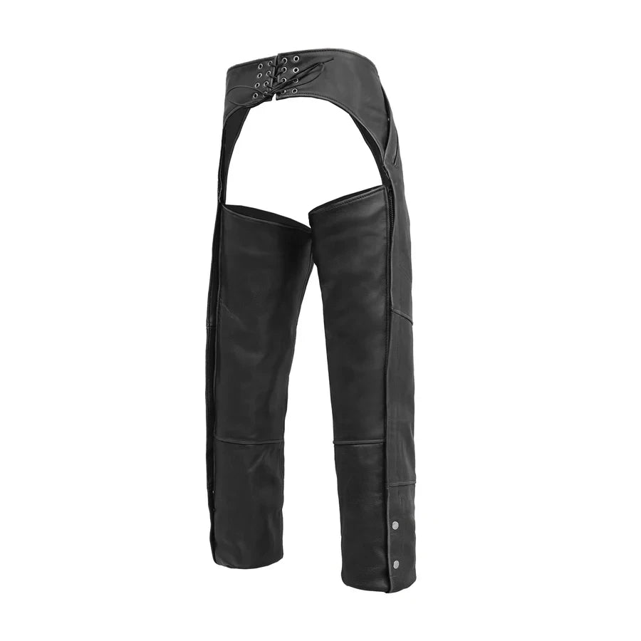 Black leather chaps pants with an integrated garter-style waist strap and metal eyelets, shown on a plain white background.