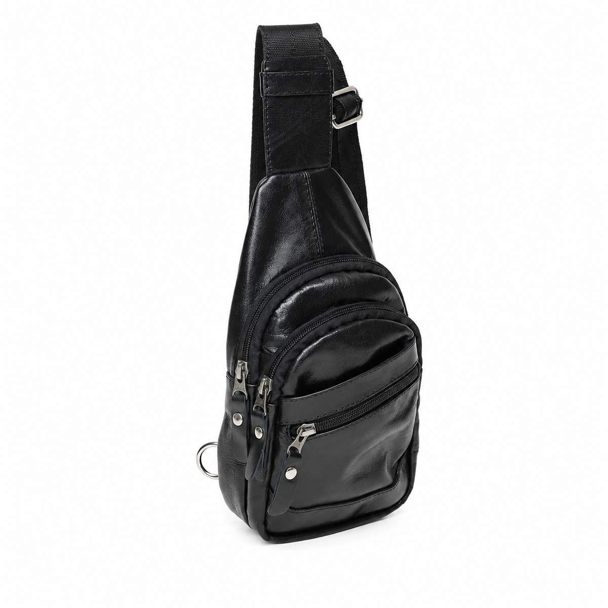 A black faux-leather sling bag with a wide adjustable shoulder strap, a front zippered pocket, and a lower zippered compartment, shown on a plain white background.