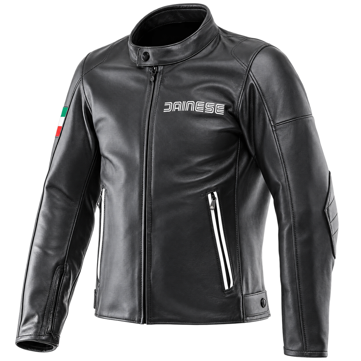 Black leather motorcycle jacket with a stand collar, front zipper, zippered pockets, and a white Dainese logo on the chest, shown on a white background.