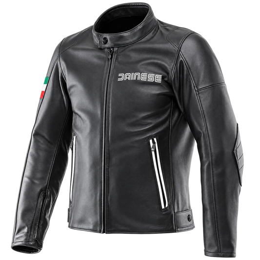 Black leather motorcycle jacket with a stand collar, front zipper, zippered pockets, and a white Dainese logo on the chest, shown on a white background.