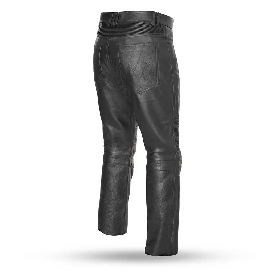 Black leather motorcycle pants shown from the back, featuring quilted diamond-patterned back pockets and reinforced stitching, displayed on a clean white background.