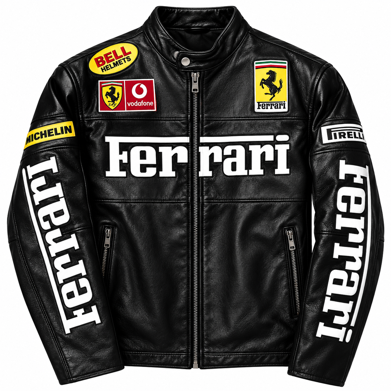 Men’s black leather racing jacket with bold motorsport graphics and biker style
