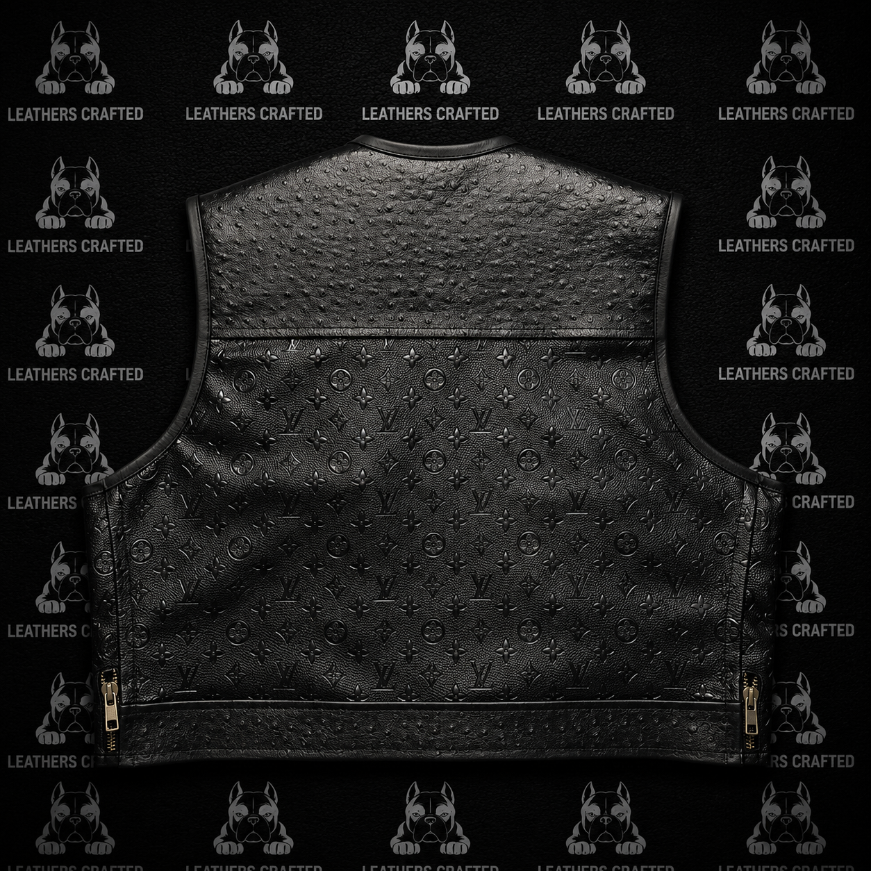 Black leather motorcycle vest with an embossed monogram pattern, shown from the back against a black background with repeating 'Leathers Crafted' logos.