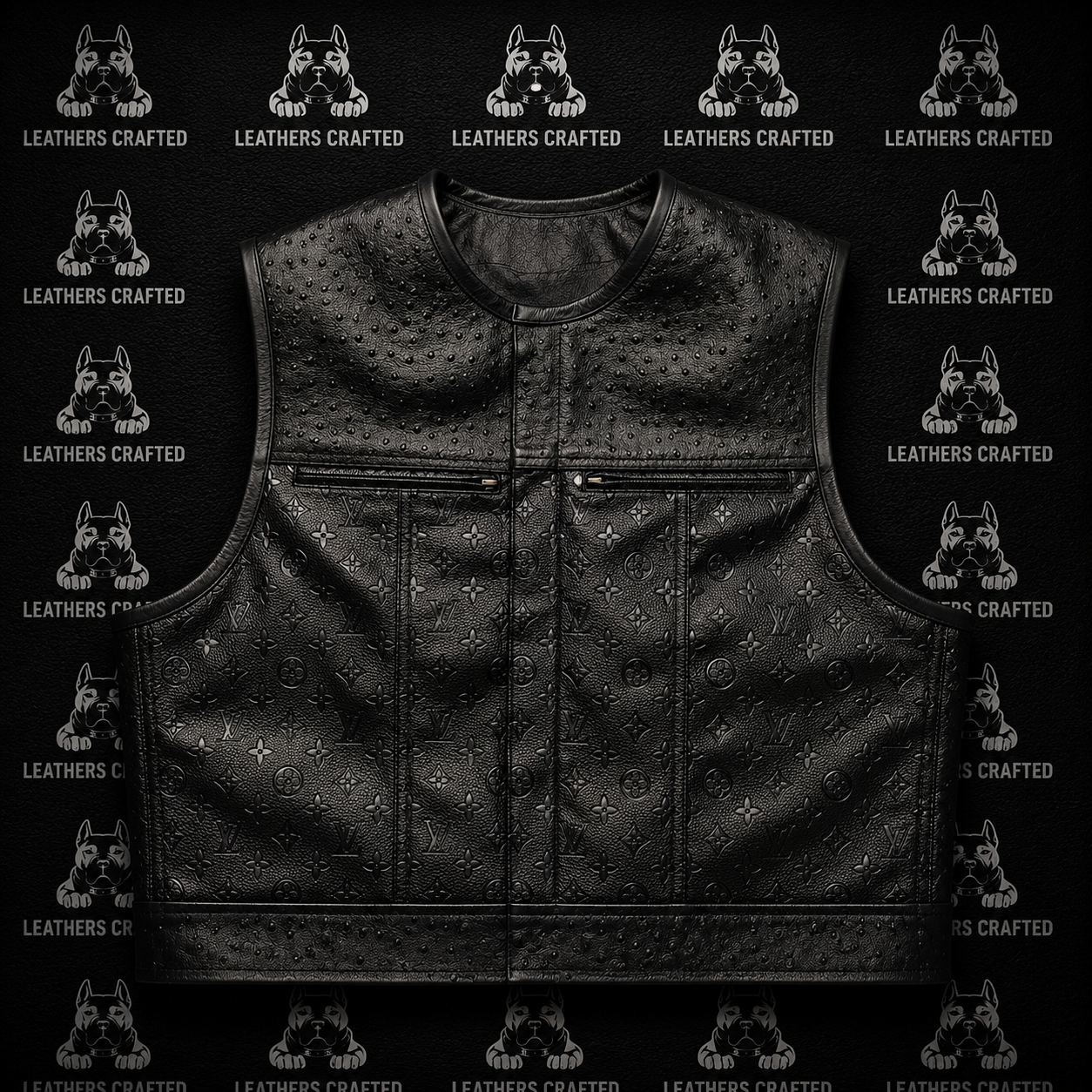 Premium Black Exotic Embossed LV Style Leather Biker Vest