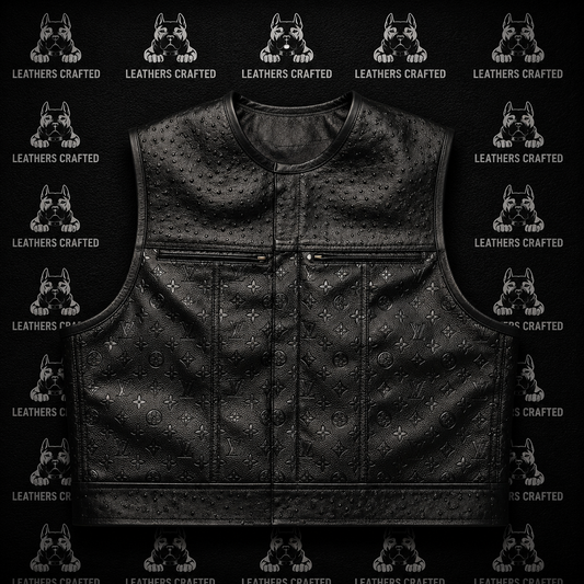 Premium Black Exotic Embossed LV Style Leather Biker Vest