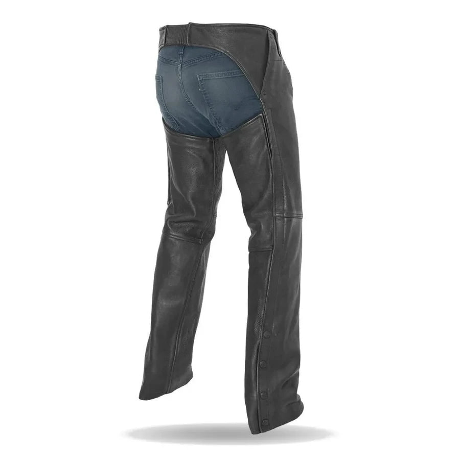 Black leather pants with a blue underwear peeking out on a white background