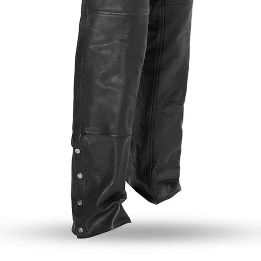 Black leather pants with button details on a white background