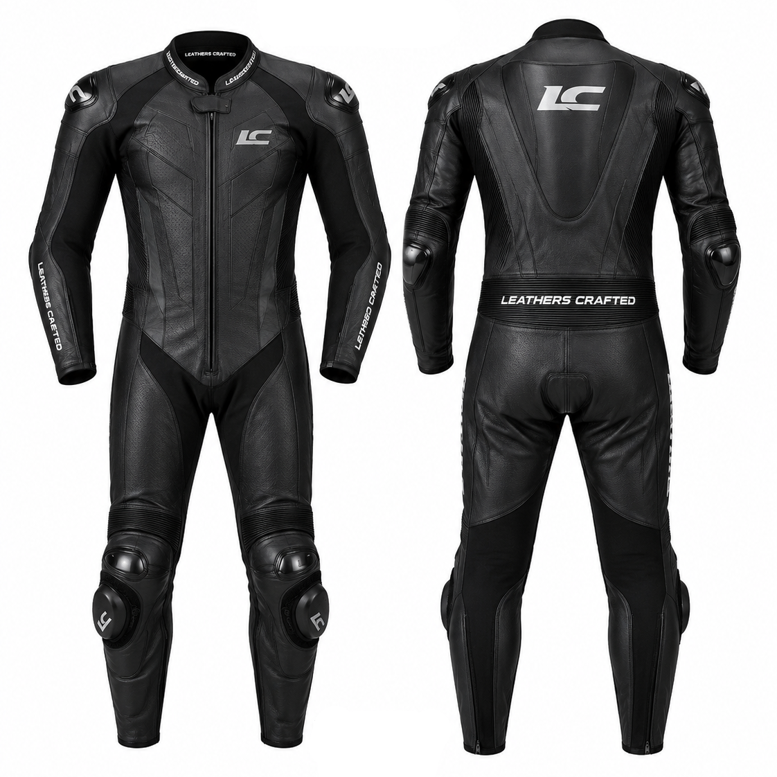 Black leather racing suit with 'Leathers Crafted' branding on a white background