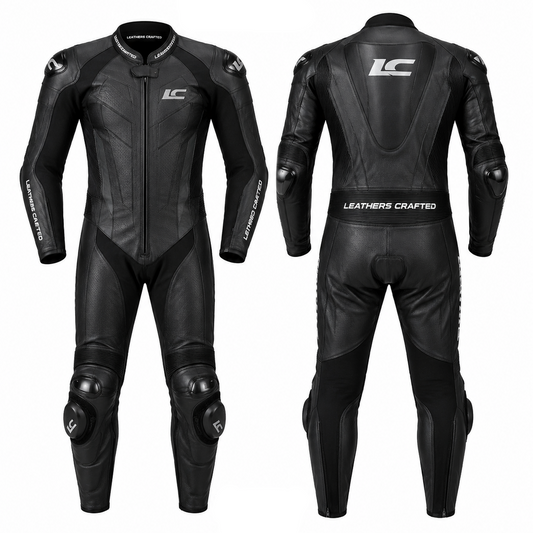 Black leather racing suit with 'Leathers Crafted' branding on a white background