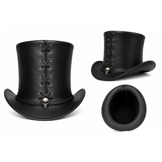 Black leather top hat with skull details on a white background
