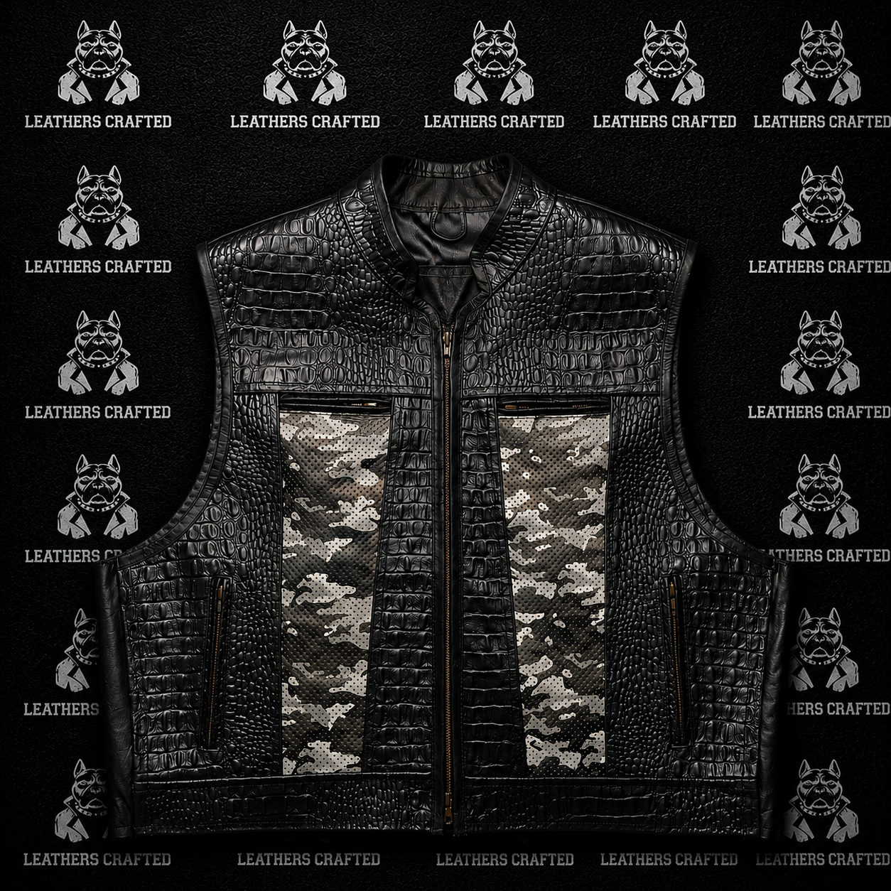 Black leather vest with a crocodile-embossed texture, featuring two vertical camouflage-patterned inserts on the front, displayed against a black background with a repeating 'Leathers Crafted' logo pattern.