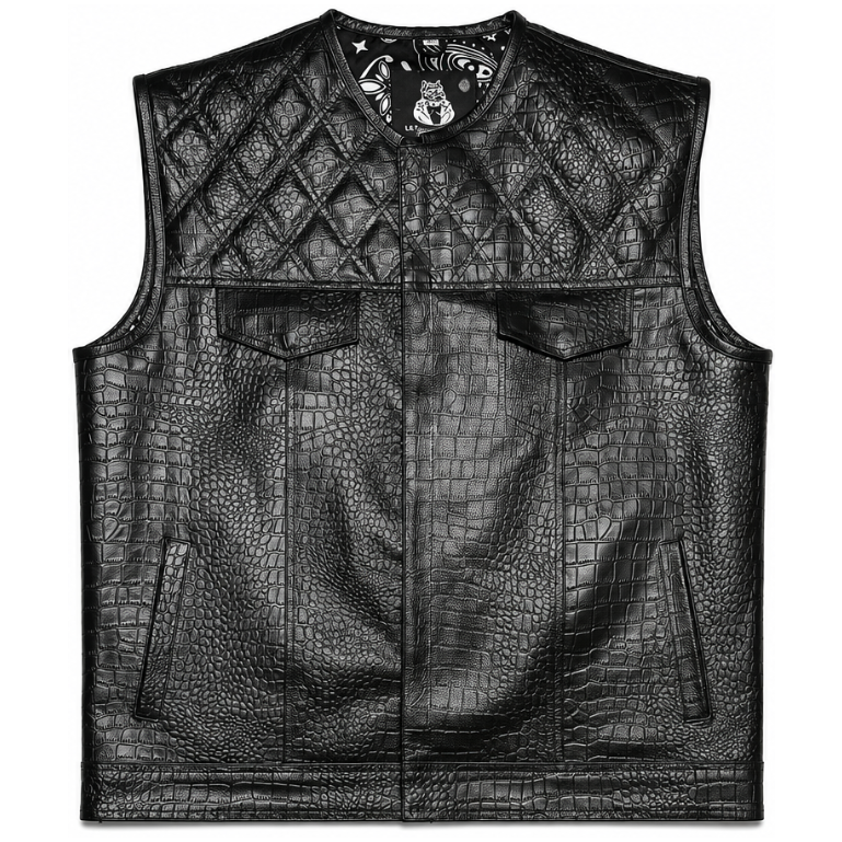 Black leather vest with quilted design on a white background