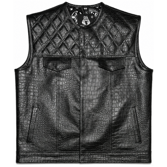 Black leather vest with quilted design on a white background