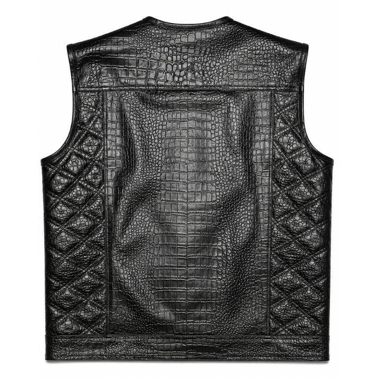Black Crocodile Leather Vest for Men – Premium Motorcycle Club Biker Waistcoat