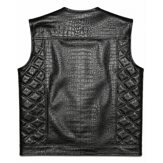 Black Crocodile Leather Vest for Men – Premium Motorcycle Club Biker Waistcoat