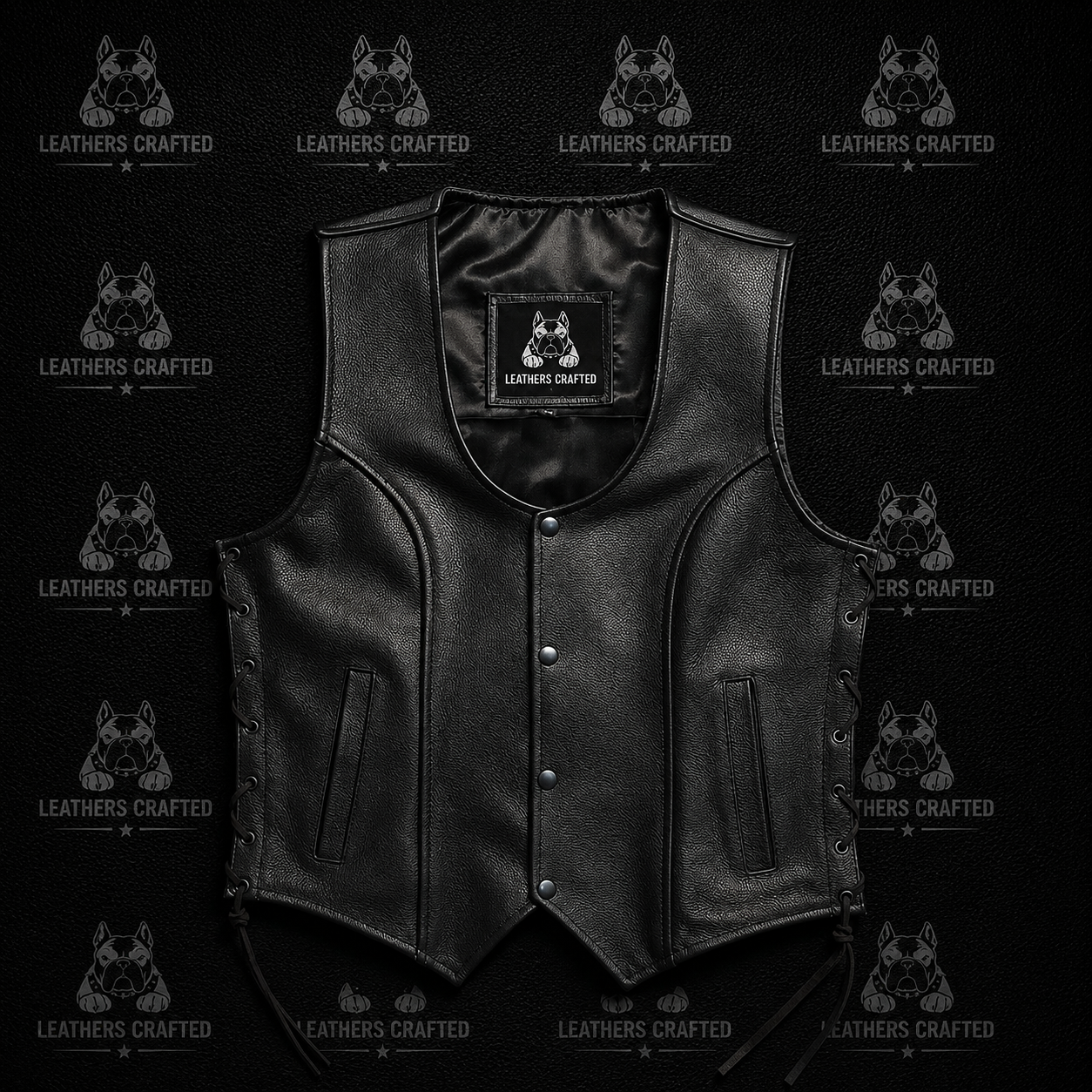 Black leather vest with snap-button front, side lacing, and a branded patch on the chest, displayed on a dark background with repeated Leathers Crafted logos.