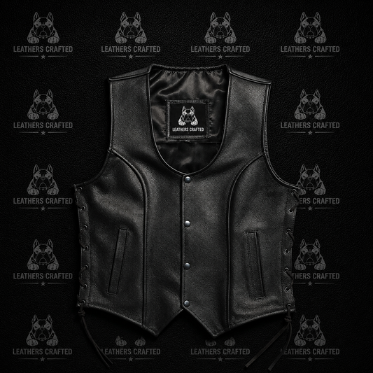 Black leather vest with snap-button front, side lacing, and a branded patch on the chest, displayed on a dark background with repeated Leathers Crafted logos.
