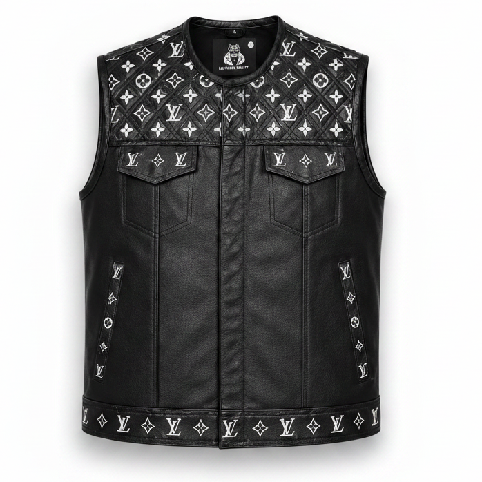 Black leather vest with white monogram pattern on a white background