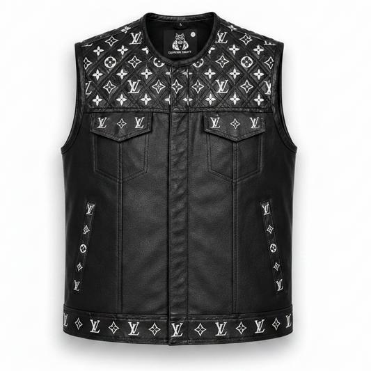 Black leather vest with white monogram pattern on a white background