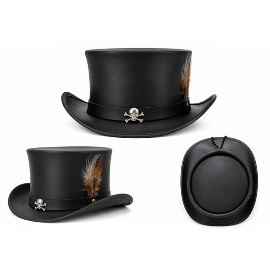 Black top hat shown from multiple angles on a white background, with a silver skull-and-crossbones band ornament and a brown feather accent.