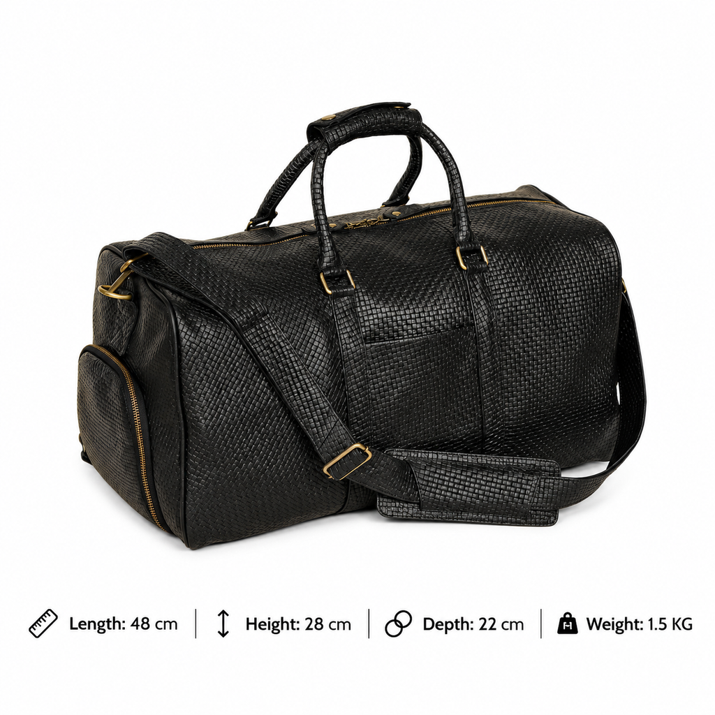 Black woven leather duffel bag with gold hardware and dimensions