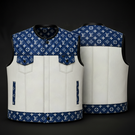 Heritage Diamond Leather Vest — Navy & White Patterned Biker Vest
