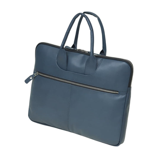 Blue genuine leather laptop briefcase with top handles and front zip pocket – Leathers Crafted