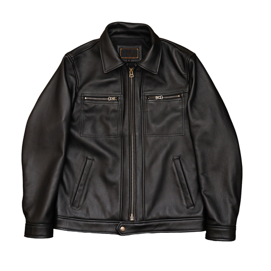 Men’s Double Wolf Genuine Leather Jacket – Casual Cowhide Coat