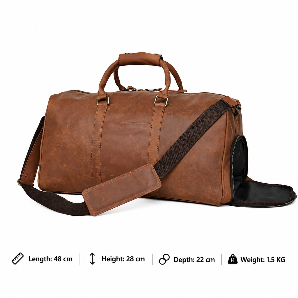 Genuine Vintage Leather Duffel Bag – Men's Weekender with Shoe Compartment