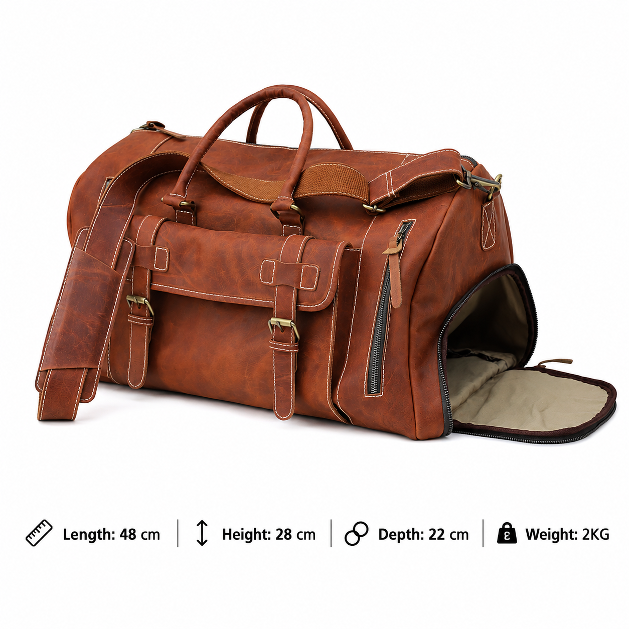 Vintage Leather Duffel Bag – Handmade Travel Weekender Bag with Front Pocket