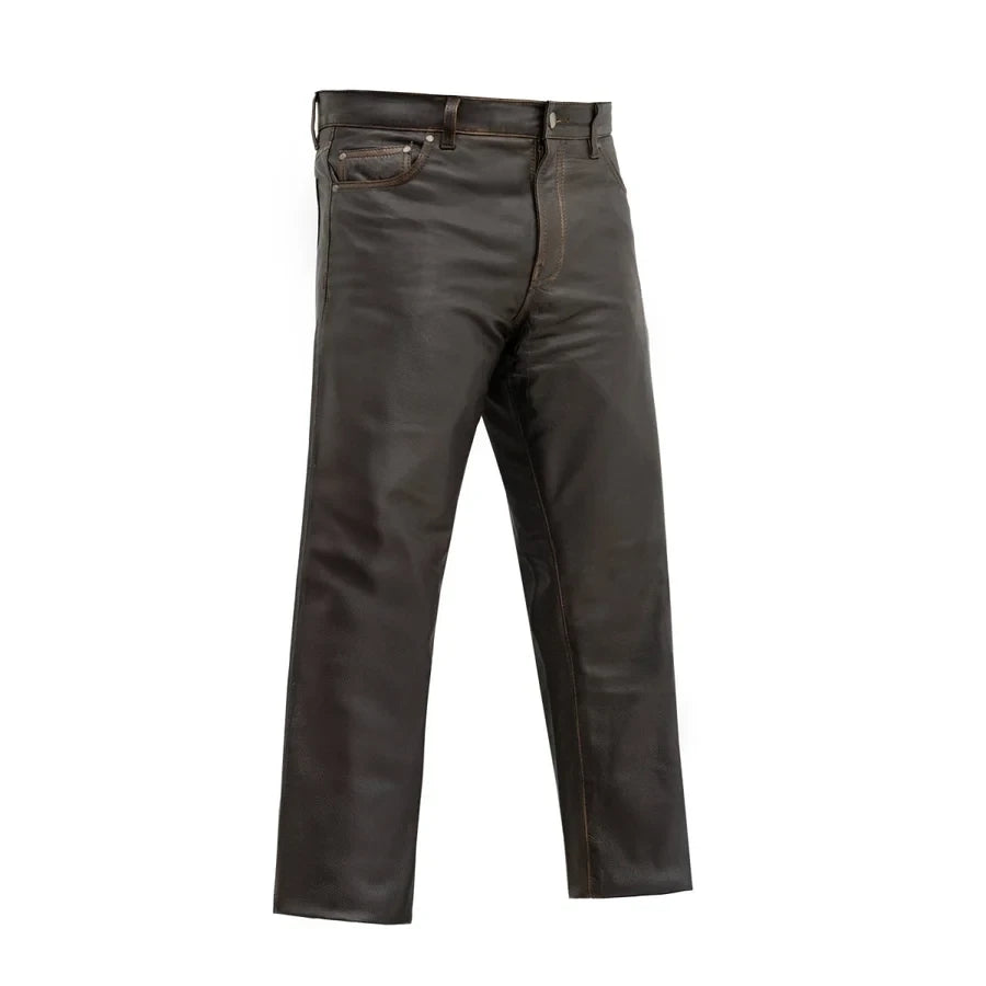Brown leather biker pants for men with front pockets and belt loops
